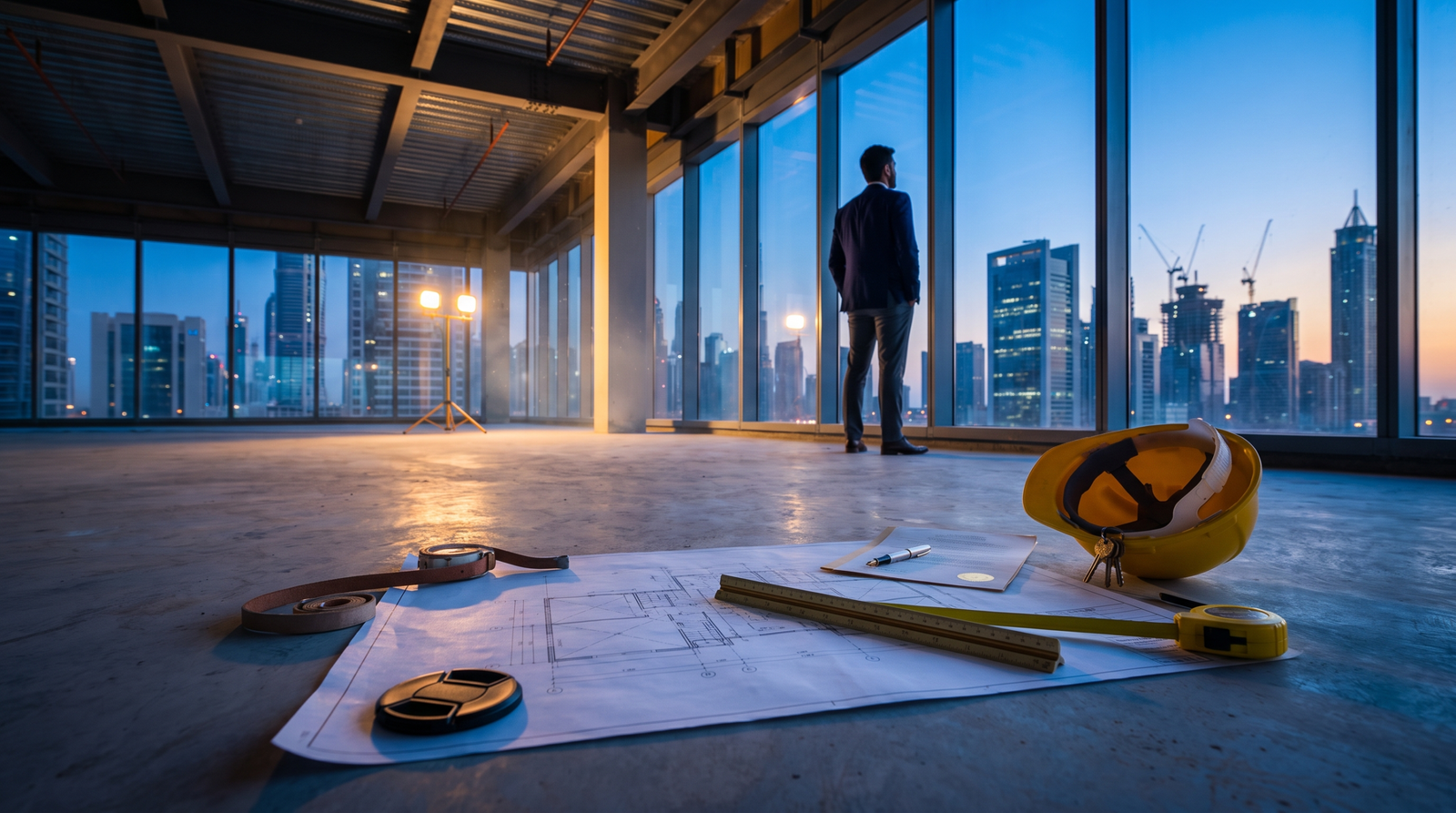 Empty Grade A office floor at blue hour with an architectural blueprint on the concrete and the Dubai commercial skyline visible through the glass — Dubai commercial property investment for UK investors.