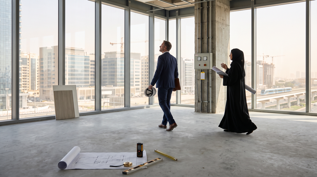 Commercial broker and engineer walking an empty Grade A office floor in Dubai, inspecting structural columns and power supply before purchase.