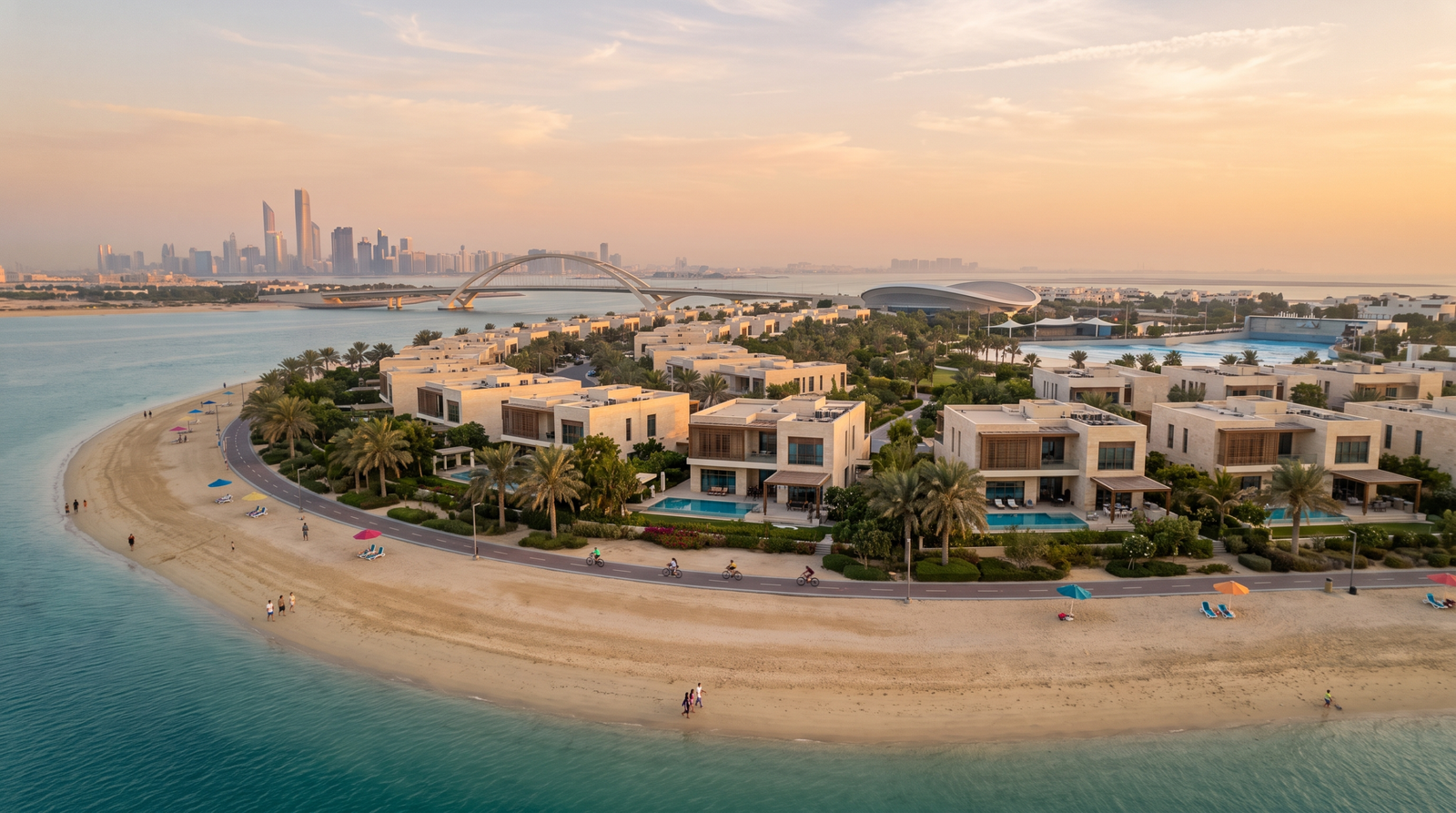 Aerial view of Hudayriyat Island in Abu Dhabi at golden hour, showing Modon villa communities, coastline, sports facilities, and the Abu Dhabi skyline — a 2026 investor guide.