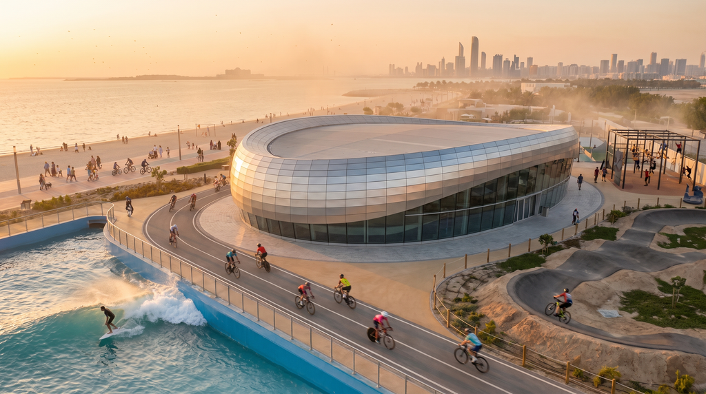 Hudayriyat Island, Abu Dhabi: An Investor’s Guide to Modon’s Island (2026) 1 World-class sports infrastructure on Hudayriyat Island in active use at sunset — including the velodrome, Surf Abu Dhabi wave pool, mountain-bike trails, and waterfront promenade with residents cycling and walking.