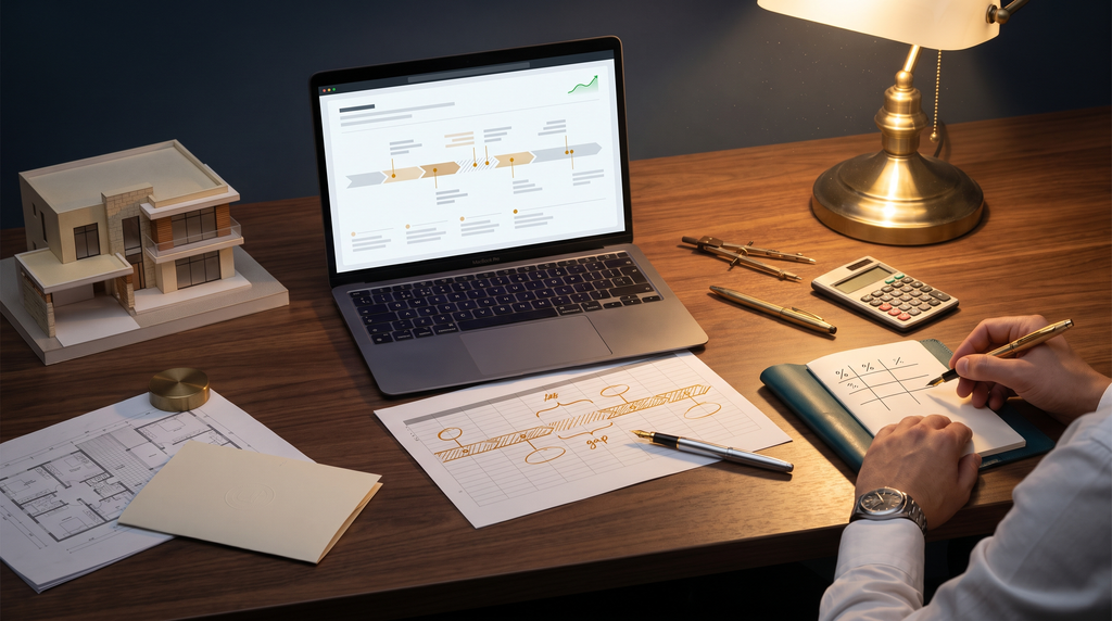 Hudayriyat Island, Abu Dhabi: An Investor’s Guide to Modon’s Island (2026) 2 Investor's desk with a laptop, spreadsheet timeline, and scale model of a modern villa — stress-testing the new 25/75 ADIB off-plan mortgage at Wadeem Gardens on Hudayriyat Island.