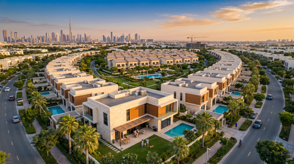 Buying a Villa or Townhouse in Dubai in 2026: What I Tell Every Buyer First 1 Aerial view of a mature Dubai villa and townhouse community at golden hour, with a family visible at a hero villa and the Dubai skyline in the distance — a 2026 buyer's guide.
