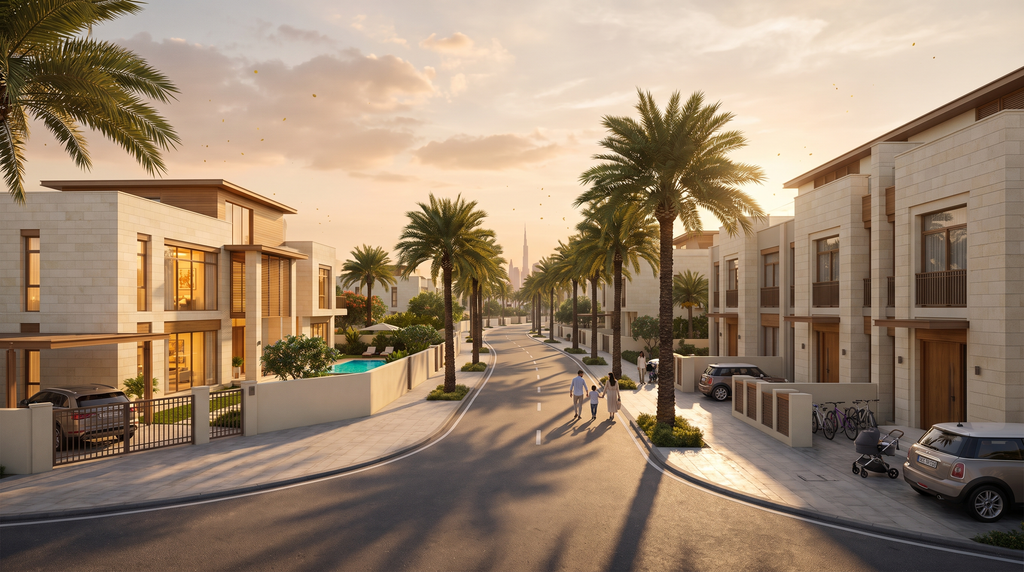 Side-by-side street view of a detached villa and a row of townhouses in the same Dubai community at sunset, with a family walking along the tree-lined boulevard between them.