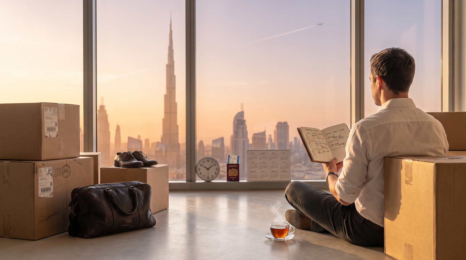 British professional sitting among moving boxes in a Dubai apartment at dawn, planning the first year of a real estate career with the Dubai skyline through floor-to-ceiling glass.