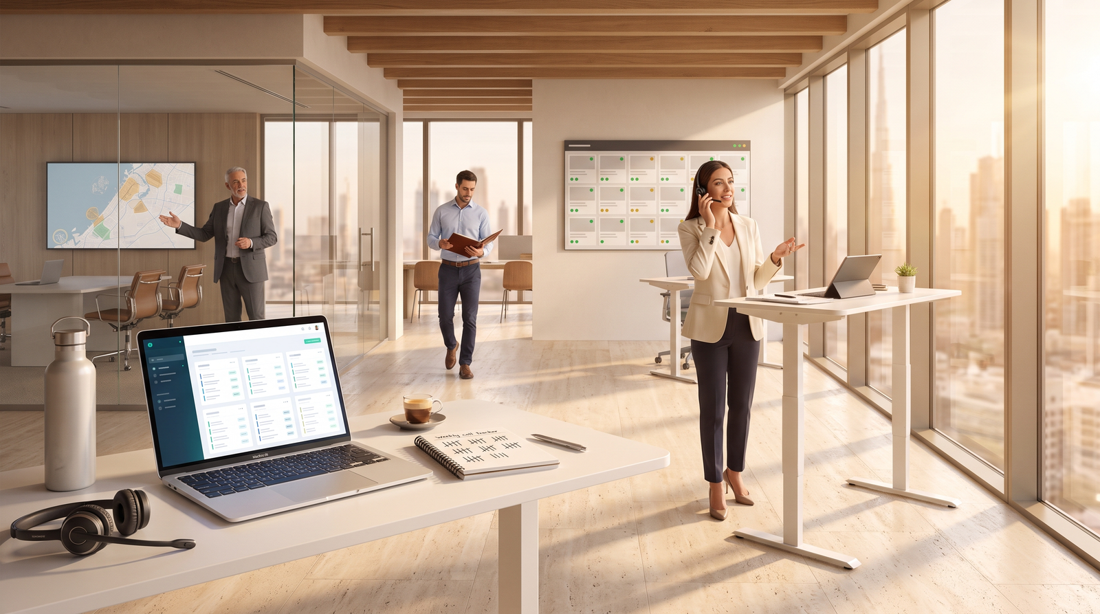 Modern Dubai brokerage sales floor at 8:30 AM with brokers on calls, standing desks, CRM dashboards, and the Downtown Dubai skyline through floor-to-ceiling windows.