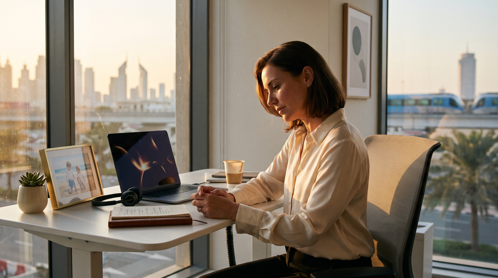 Dubai real estate broker at her desk during golden hour, looking at a framed photograph of her children — the personal reason behind commission-only work.
