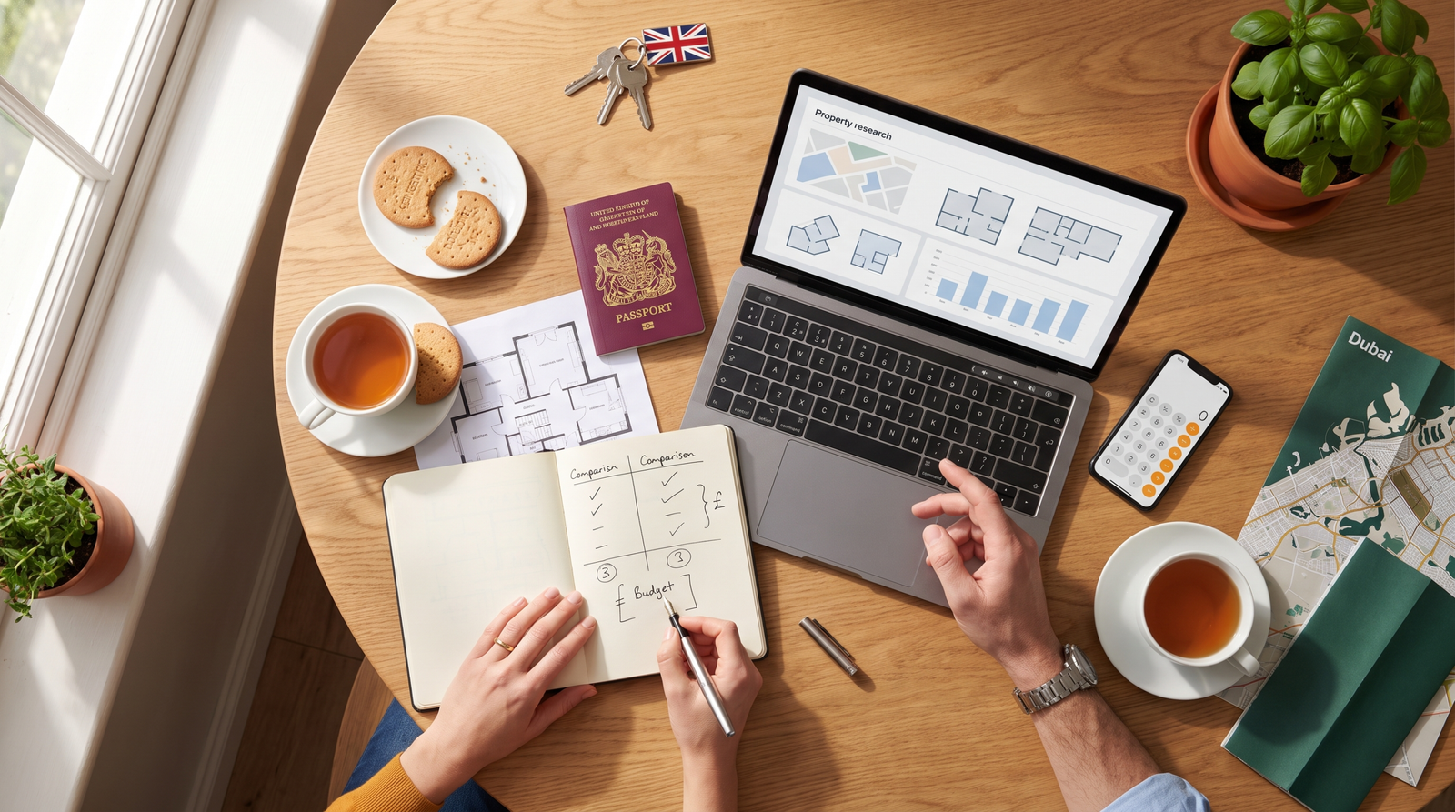 Overhead flat-lay of a British couple’s kitchen table during a Dubai property planning session — laptop, passport, notebook, tea, and Dubai map
