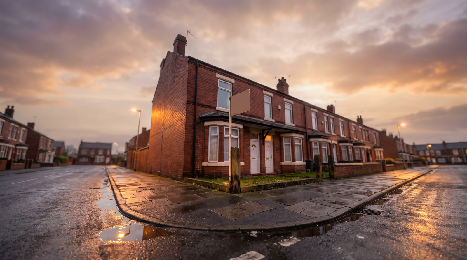 Row of British terraced houses with a for-sale board, representing UK landlords deciding whether to sell