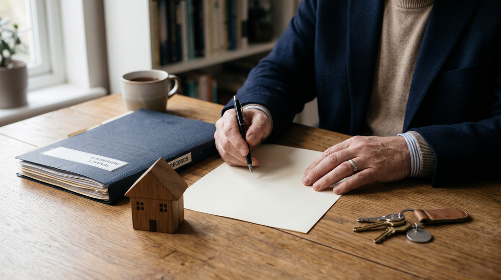 Landlord reviewing paperwork at a desk with house keys, after Section 21 ended in England