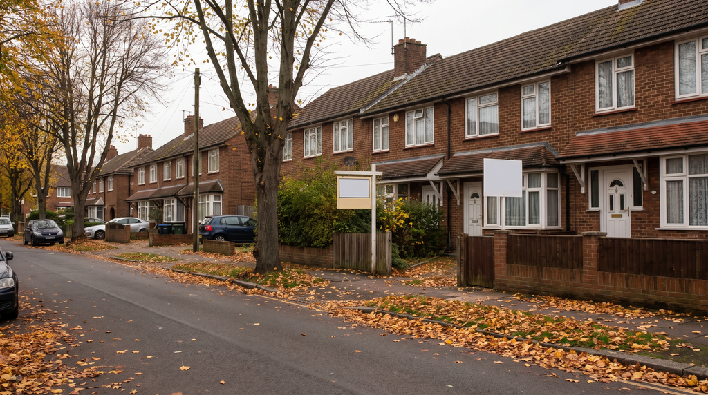 UK street with blank for-sale and to-let boards, showing landlords selling up in 2026