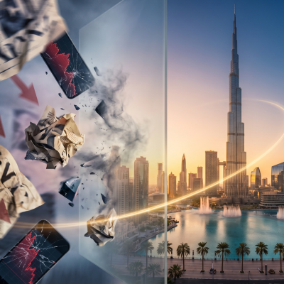 Crumpled panic headlines disintegrate as the Dubai skyline stands confidently in golden light, showing the 2026 market is not crashing.