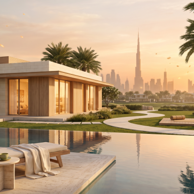 Luxury wellness real estate villa with pool in Dubai for UK investors