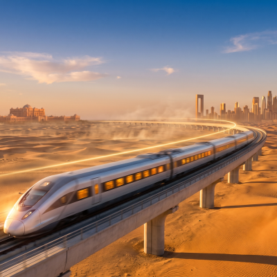 Etihad Rail high-speed train crossing the UAE desert at sunset, connecting the Abu Dhabi and Dubai skylines.