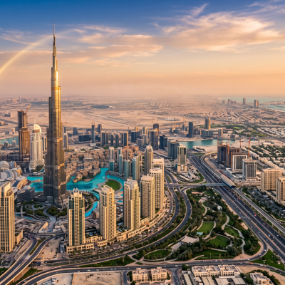 Aerial view of Dubai's skyline at sunset with the Burj Khalifa, showing the city's rapid expansion and growth.