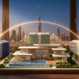 Dubai villa scale model with stacks of sterling, dollar, and dirham banknotes and the Dubai skyline behind — Dubai property currency risk