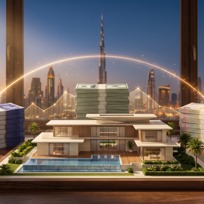 Dubai villa scale model with stacks of sterling, dollar, and dirham banknotes and the Dubai skyline behind — Dubai property currency risk
