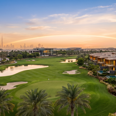 Aerial view of Jumeirah Golf Estates at golden hour with the championship golf course, contemporary villas, and Dubai skyline — a UK investor guide to JGE 2026
