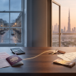 British passport and HMRC self-assessment on a walnut desk beside Dubai keys, dirham notes and the Dubai skyline — Dubai property ROI for UK investors.