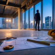 Empty Grade A office floor at blue hour with an architectural blueprint on the concrete and the Dubai commercial skyline visible through the glass — Dubai commercial property investment for UK investors.